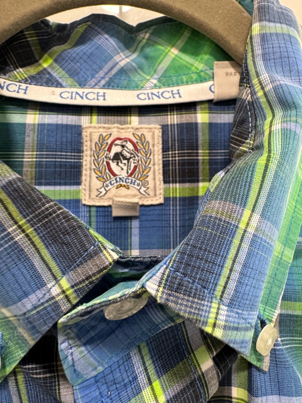 Cinch cowboy Plaid Button Down Shirt Mens Blue Green Short Sleeve western M - Picture 10 of 12